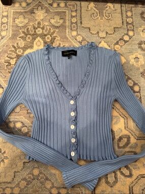 Cotton Candy Sky Blue Ribbed V-Neck Ruffle Button Cardigan